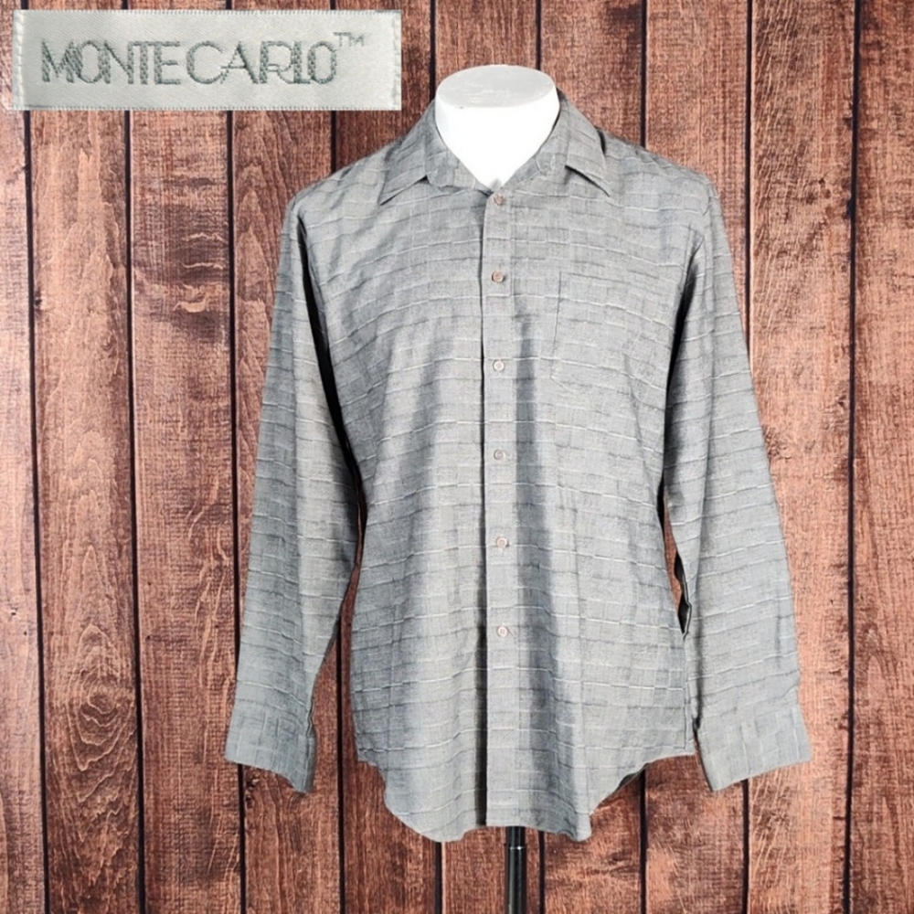 Vintage Monte Carlo Mens Imported Woven Gray Geometric Pattern Dress Shirt